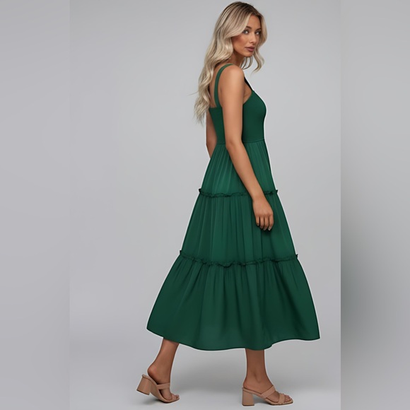 Boho Shirred Ruffle Hem Dress Emerald Green - Picture 3 of 9